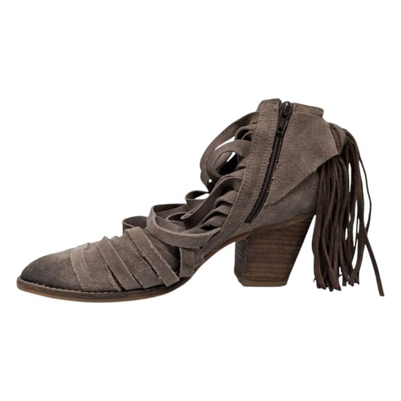 Jeffrey Campbell Suede Ankle Boots Womens Brown Cutout Fringe Tassel Heel Size 8 - Picture 2 of 14